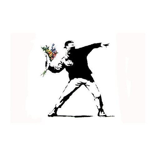 Banksy Throwing Flowers (Lanzando Flores) - Art en blanco y negro Poster - 42x58 cm