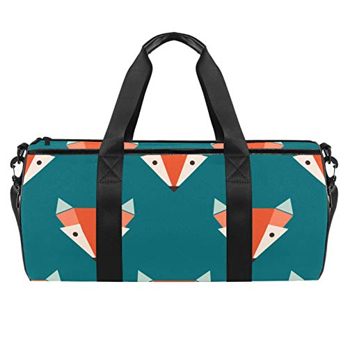 Bolsa de deporte de viaje cilíndrica con bolsillo mojado, diseño de cabeza de zorro naranja turquesa con correa de hombro para hombres y mujeres