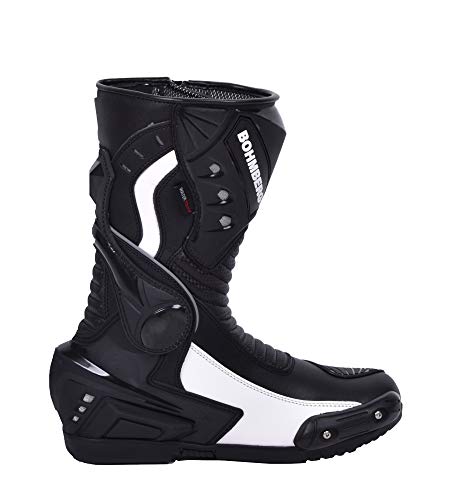 Botas de Moto Hombre, Botas de Cuero Deportivas, Impermeables, de Cuero, Protectores rígidos Integrados estables, con protección de Tobillo, Negro Blanco - 44