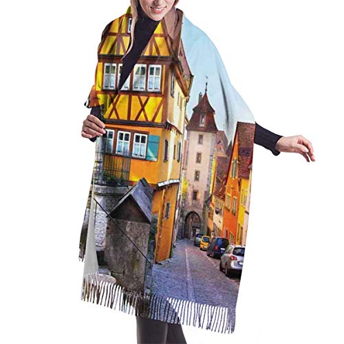 Bufanda Fringe Chal Mujer Rothenburg Ob Der Tauber Baviera Alemania famosa calle con coloridas casas clásicas Bufanda de invierno de Cálido Grueso Otoño Invierno para navidad,accion de gracias