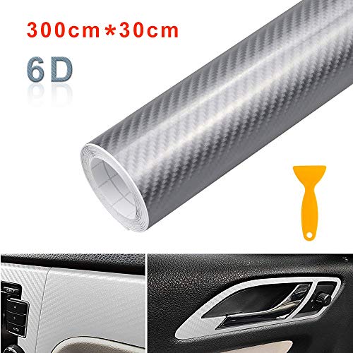 C100AE 6D Vinilo Fibra de Carbono Adhesiva, Vehículos Película Pegatina Decoración Autoadhesiva A Prueba de Agua Libre de Burbuja, DIY Decoración para Coche Motocicleta PC Muebles, 300cm*30cm (Plata)