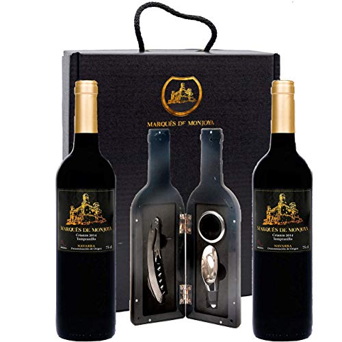 Caja de Vino Tinto - Pack de 2 Botellas con Set con sacacorchos servidor con tapón y aro antigoteo Regalo Original - Crianza D.O. Origen Navarra añada del 2014 - Estuche ideal para regalar