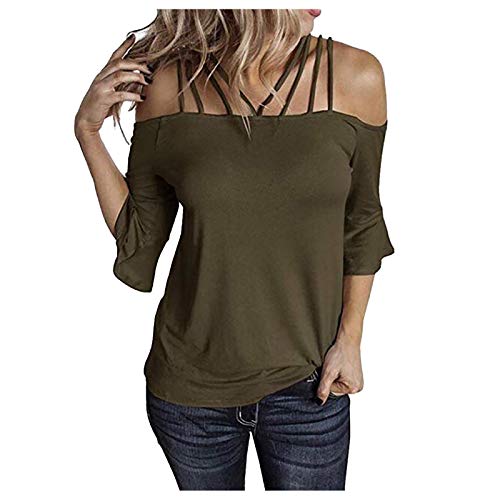 Camisetas Mujer Manga Larga Sin Tirantes Blusas para Mujer Tops Mujer, 2021 más Reciente Moda Color Sólido Camisola Blusa Verano Suelto Tops Casual Fiesta E-Girl Original T-Shirt(Ejercito Verde,4XL)