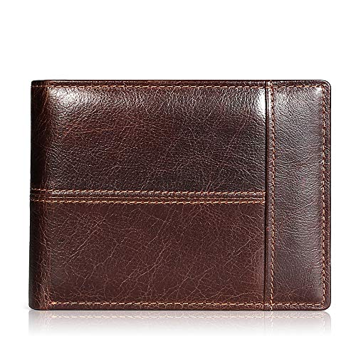 Cartera Hombre Cuero Cartera de Piel Monedero Tarjetro Billeteras RFID Bloqueo para 16 Tarjetas de Crédito con ID Ventana Slim Bifold Gran Capacidad Bolsillo con Cremallera (marrón)