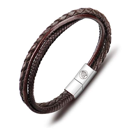 Casisto.J Pulsera Hombre - Pulsera Cuero Hombre Brazalete Trenzado de Varias Capas en Negro y marrón Grabado Magnético Corchete Regalo de joyería en Caja (Coffee, 21)