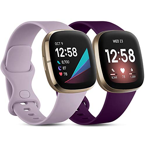 CeMiKa 2 Paquete Correa Compatible con Fitbit Versa 3 Correa/Fitbit Sense Correa, Suave Deportiva de Repuesto Correa Compatible con Fitbit Versa 3/Sense, Pequeña Lavanda/Ciruela