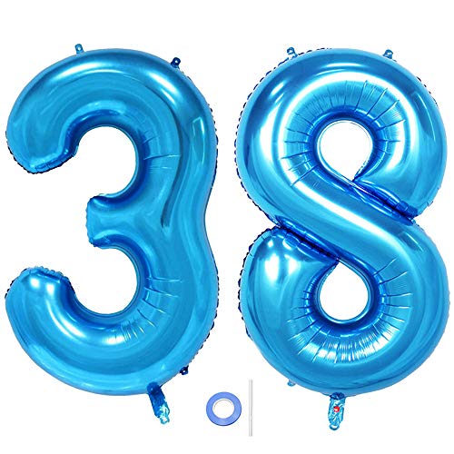 Ceqiny Globo de mylar 40 pulgadas con número 38 globo gigante globo papel aluminio para fiesta de cumpleaños boda despedida soltera compromiso decoración de aniversario, dígitos 38 globo Azul