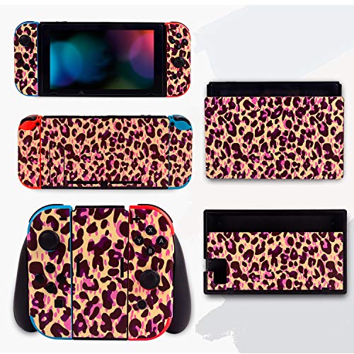 CHIN FAI Adhesivo de Piel para Nintendo Switch, Conjunto Completo de calcomanías de Cubierta de Placa Frontal para patrón de Leopardo Rosa (Consola & Joy-con & Muelle & Agarre)