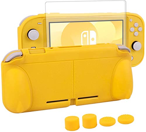 CHIN FAI Funda Protectora para Nintendo Switch Lite, Funda Protectora rígida de TPU con Protector de Pantalla de Vidrio Templado [Soporte automático] [4 Tapas de Palanca para el Pulgar]-Amarillo