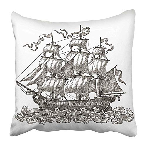 Cojín Decorativo Galeón Tinta y bolígrafo Dibujo Velero Antiguo en Blanco Barco Medieval Viejo Cojín de Bandera náutica Vintage Antiguo