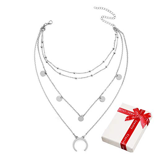 Collar de múltiples capas de plata para mujer con colgante de luna mujeres niñas,4 hileras Crescent Moon personalizada Joyería moda Collar Boho Gargantilla Regalo de cumpleaños para novia Madre joven