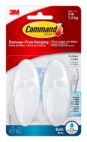 Command Gancho de Baño Mediano con Tiras Resistentes al Agua, Blanco, 9.9x3.3x17.1 cm, 2 Unidades