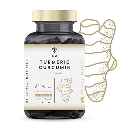 Cúrcuma en cápsulas con Pimienta Negra. Curcumina con Piperina 760 mg la más potente Turmeric, Antiinflamatorio natural, antioxidantes potentes. 90 Cápsulas. Certificado Vegano.N2 Natural Nutrition