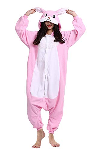 DELEY Unisex Adultos Enterizo de Pijamas Ropa de Dormir Rosa Conejo con Capucha de Cosplay de Anime Carnaval Halloween M