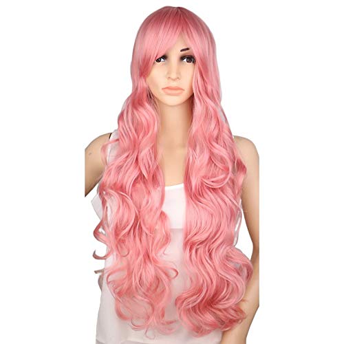 DER Peluca Cosplay rizada Larga Fiesta de Disfraces Rojo Rosa Astilla Gris Rubio Negro 70 cm Pelucas de Cabello sintético de Alta Temperatura (Color : Pink, Stretched Length : 28inches)