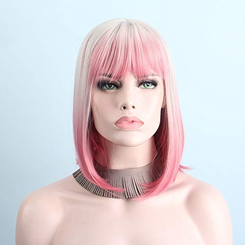 DER Pelucas de Cosplay sintéticas for Mujeres Negras con Flequillo Peluca Corta Parte de Onda Natural Longitud del Hombro (Color : Pink, Stretched Length : 12inches)