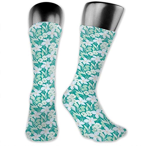 DHNKW Socks Compression Medium Calf Crew Sock,Nostalgic Blossoming Flower Garden With Pale Tone Pastel Colors