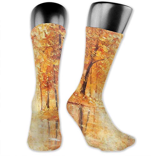 DHNKW Socks Compression Medium Calf Crew Sock,Painting Of A Forest By The Small Lake In Autumn Pale Fall Trees And Leaves Mod Art