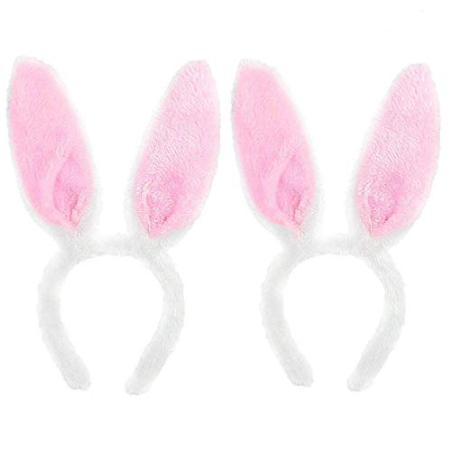 Diadema de Orejas de Conejo,Headband de Oreja de Conejo 2 piezas Rosa y Blanco Lindo Felpa Peluche Orejas de Conejo para Accesorios de Disfraz de Fiesta de Pascua