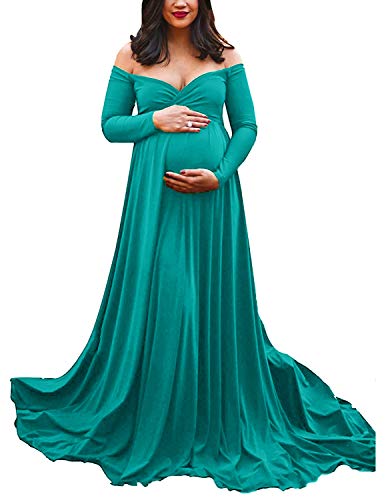 DISON Premamá Vestido de Fiesta Manga Larga,Maxi Faldas Fotográficas de Maternidad para Mujer,Casual Embarazada Foto Shoot Dress Verde S