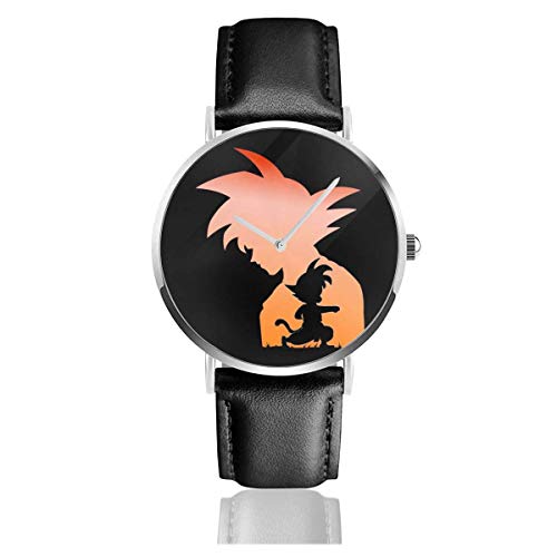 Dragon Ball Z Young Son Goku Silhouette Relojes Reloj de Cuero de Cuarzo con Correa de Cuero Negro para Regalo de colección