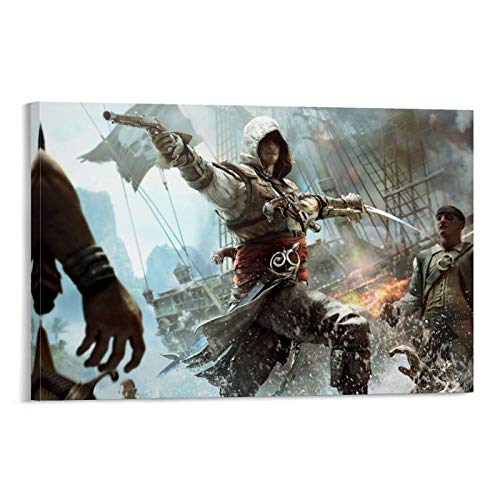 DRAGON VINES Assassin's Creed IV - Póster de la bandera negra de Edward Kenway con cuchillo de pistola pirata de batalla (30 x 45 cm)