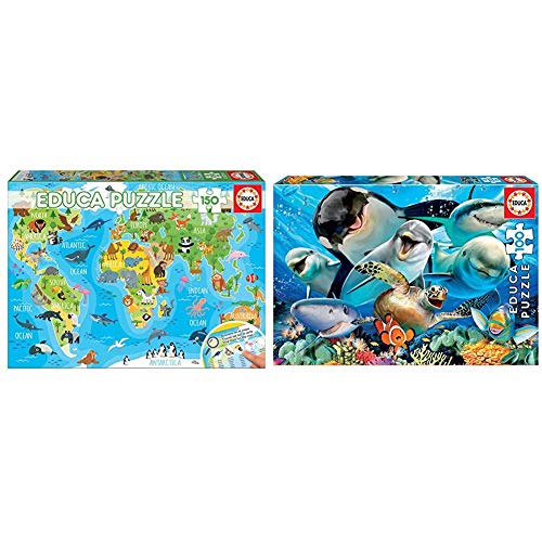 Educa- Mapamundi Animales Puzzle Infantil de 150 Piezas, a Partir de 6 años (18115) + 100 Piezas, Puzzle Infantil Selfie Bajo El Agua, Color Variado (18062), Color/Modelo Surtido