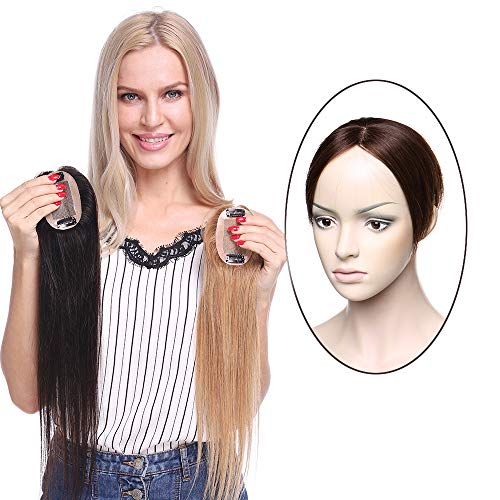 Elailite Hair Topper Mujer Clip Pelo Natural Toupee Protesis Capilares Flequillo Encaje 6cm*9cm Postizo Cabello Humano Largo 25cm Pesa 20 Gramos #04 Castaño Medio