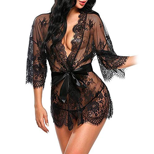 Erótica Kimono de Encaje Transparente con Cinturón Satén, Sexy Conjunto de Lencería con Mangas Largas Ropa Interior de Dormir Camisón Traje de Baño para Mujer Damas + Tanga G-String (Negro)