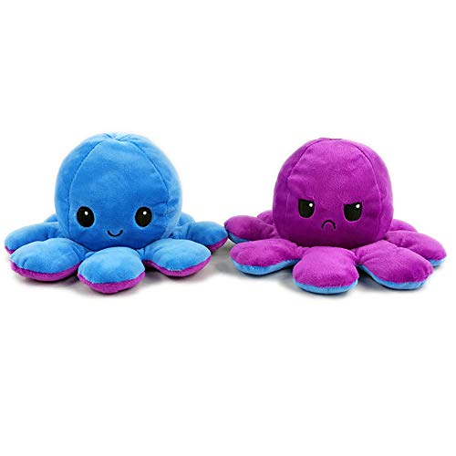 EUROXANTY Peluche Pulpo Reversible | Peluche emociones | Pulpo de Colores | Peluche Blando | 2 Caras | Pulpo Contento | Pulpo enfadado | 20 cm | Azul - Morado