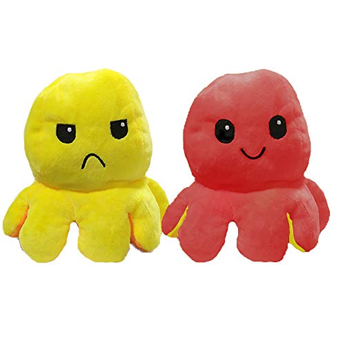 EUROXANTY Peluche Pulpo Reversible | Peluche emociones | Pulpo de Colores | Peluche Blando | 2 Caras | Pulpo Contento | Pulpo enfadado | 20 cm | Rojo - Amarillo