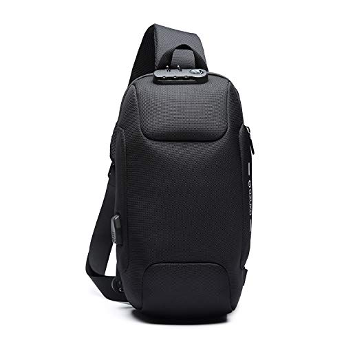 FANDARE Nuevo Bolsa de Pecho Antirrobo Bolsa Deportiva de Hombro Hombre Bolsa de Honda Mochila con Cerradura de contraseña/USB,para Acampada,Viaje,Ciclismo,Senderismo Impermeable Poliéster Negro