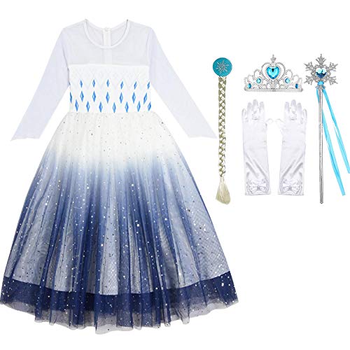 Fanessy Elsa Snow Queen Disfraz niña Princesa Blanca Manga Larga Estrella Malla Vestido de Noche Halloween Navidad Fiesta de cumpleaños Boda Ballet película Cosplay Disfraz Guantes Corona Varita 3-11