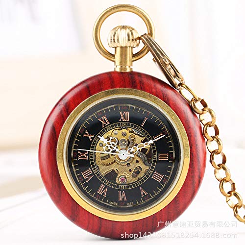 FEELHH Reloj De Bolsillo De Cadena Vintage,Reloj De Bolsillo Mecánico De Sándalo Rojo Descubierto Recto Diseño Escala Romano Don Romano Antiguo Reloj De Bolsillo con Cadena