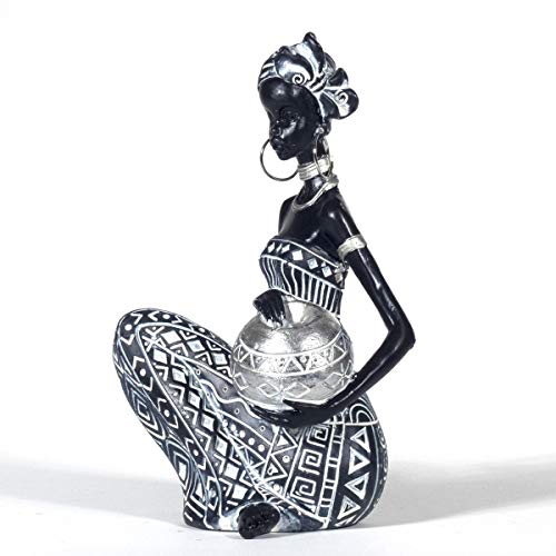 Figura Decorativa de Resina Mujer Africana Sentada con Jarrón Adornos y Esculturas. Regalos Originales. Decoración Hogar. 11 x 10 x 18 cm.