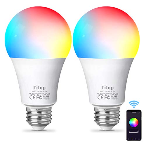 Fitop Bombilla Alexa LED Inteligente WiFi Regulable 10 W 1000 LM Lámpara, E27 Multicolor Bombilla Compatible con Alexa, Echo e Google Home, A19 90W Equivalente RGBCW Color Cambio Bombilla, 2 Pcs