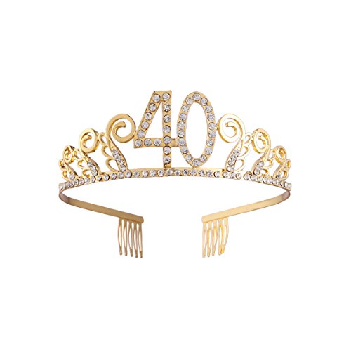 Frcolor Corona para cumpleaños 40 años Diadema Diadema Princesa Mujer Tiara Brillantes Cristales con Peine (Dorado)