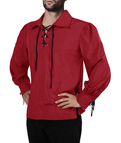 Fueri Camisa de cordones para hombre, estilo medieval, para ocio, cosplay, elegante, gótico, Victoriano, Halloween, carnaval, B-Rojo, XL