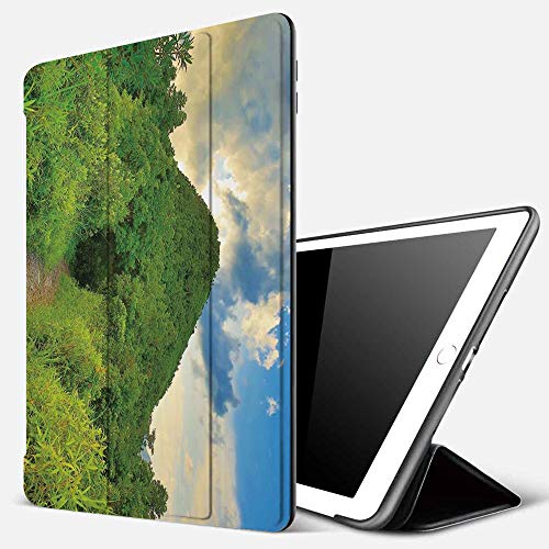 Funda iPad 10.2 Inch 2018/2019,Naturaleza, Camino de montaña Cubierto por árboles Follaje Arbustos Highland Woodland Landscape, Fern Green Sky BLU,Cubierta Trasera Delgada Smart Auto Wake/Sleep