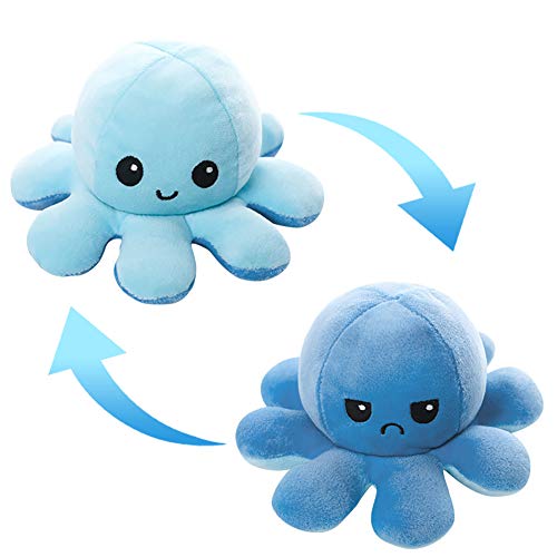 FUSIYU Peluche de Pulpo Reversible, Juguete de Peluche Abatible de Doble Cara Felpa Bonito Muñeco Juguete para Mascota, para Niños Adultos para Regalo de Cumpleaños Navidad,Azul Claro-Azul Oscuro