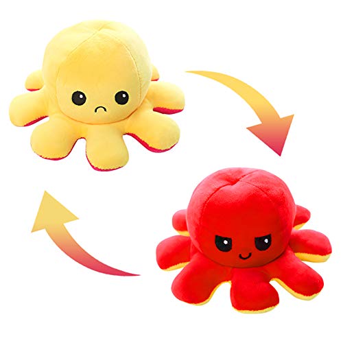 FUSIYU Peluche de Pulpo Reversible, Juguete de Peluche Abatible de Doble Cara Felpa Bonito Muñeco Juguete para Mascota, para Niños Adultos para Regalo de Cumpleaños Navidad,Amarillo-Rojo