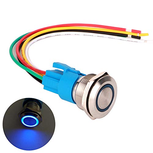 Gebildet 22mm Momentáneo Pulsador de Botón Acero Inoxidable, Impermeable ON/Off 220V 5A LED 1NO1NC SPDT Pulsador con Enchufe de Cable(LED Azul)+Instrucciones de Instalación