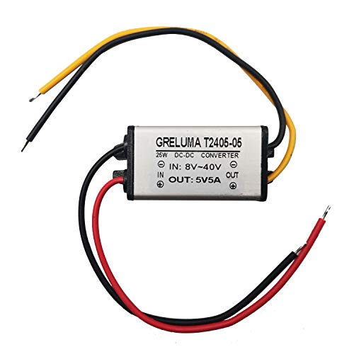 Greluma 1 Pieza DC 12 V 24 V a 5 V Regulador Convertidor Reductor 5 A 25 W Adaptador de Corriente Reductor para Electrónica de Automóvil Camión Vehículo Barco Sistema Solar (Entradas CC 8-40 V)