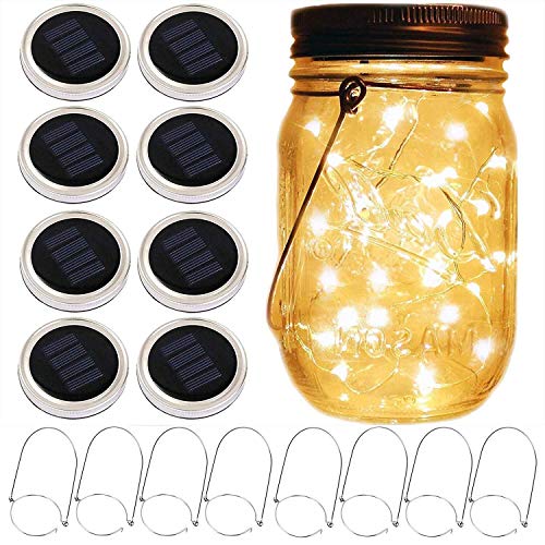 Guirnaldas luminosas Mason Jar Solar Lantern Lights, 8 Pack 10 LED Fairy Star Firefly Solar Lids Jar Lights, 8 perchas incluidas (sin frascos), for Mason Jar Wedding Patio Garden Lanterns Luces de dec