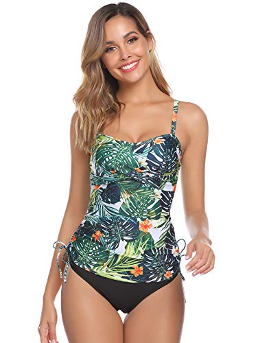 Hawiton Tankini para Mujer Traje de Baño de Dos Piezas Tirantes Ajustables Tops Tankini con Breifs, Diseño de Flores Bañadores para Playa, Piscina, Vacaciones