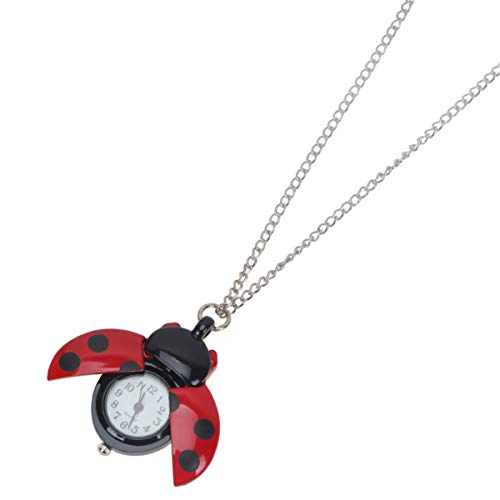 Hemobllo - Reloj de bolsillo para niños, diseño de dibujos animados, con cadena, diseño de mariquita, estilo vintage, cuarzo, aleación, regalo para niños (rojo)