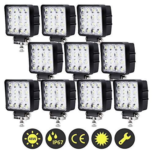 Hengda 10X 48W Focos LED Tractor, 12V 24V Faro de trabajo Offroad, IP67 6500K 4320LM Faros adicionales, Luz antiniebla para Camiones Todo Terreno, ATV, SUV, Barco