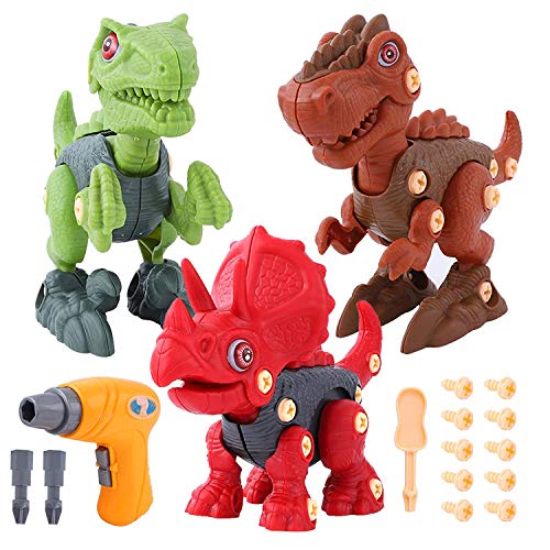 Herefun Dinosaurios Juguetes con Taladro, 3 Piezas Construccion Juguete de Montaje de Dinosaurios Juego Construccion Puzzle Tiranosaurio Rex, Velociraptor, Triceratops Regalo para Niños y Niñas 3 Años