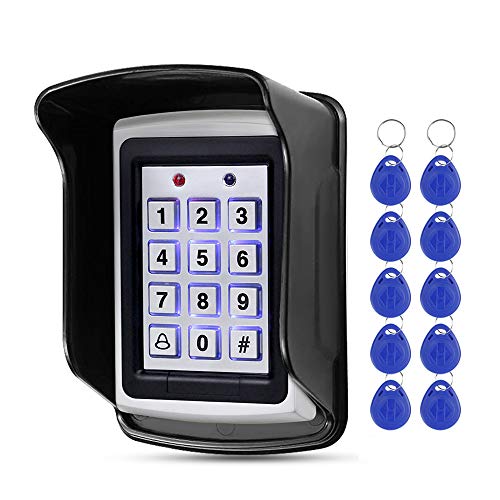 HFeng Control de acceso RFID 125 KHz Teclado impermeable Cubierta exterior + 10pcs EM4100 Llaveros 1000 usuario WG26, luz de fondo, caja metálica