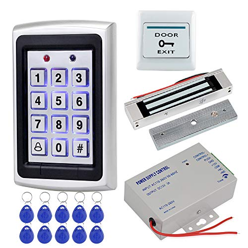 HFeng Sistema Control Acceso a la puerta Teclado RFID 125KHz Caja de Metal WG26 + Cerradura Electromagnética 180KG + Controlador fuente alimentación DC12V 3A + 10pcs Keyfobs Card